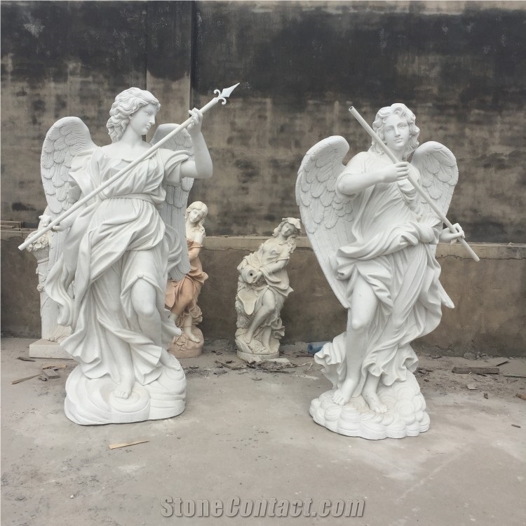 Natural Marble Hand Carved Double Angel Statue Sculpture