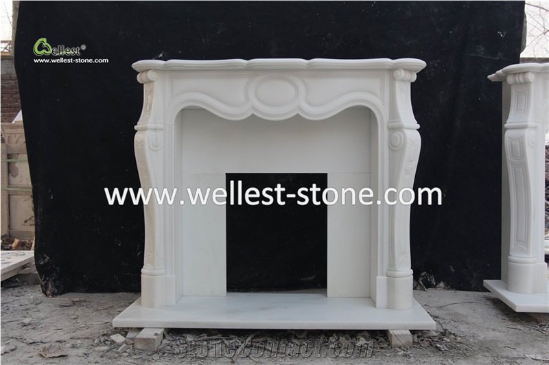 White Limestone Fireplace Mantel Surround with Hand Carved