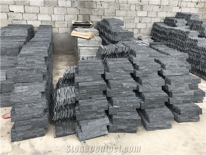 Black Quartzite Stacked Stone Panel, 35-18 Size Ledge Stone Z Shape