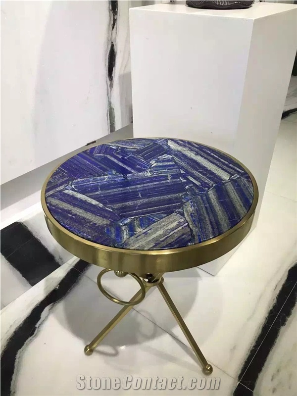 Blue Lapis Lazuli Semi Precious Round Stone Talbe Tops, Table Sets