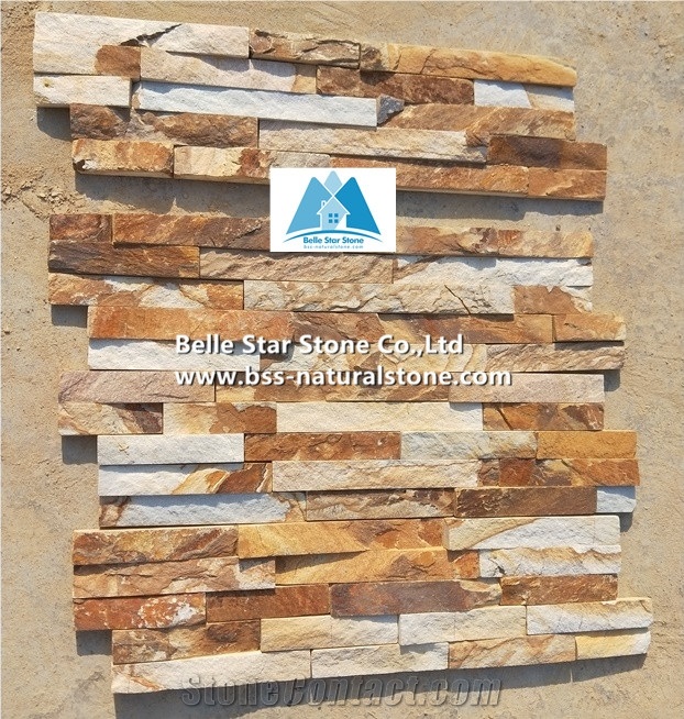Gold Yellow Limestone Culture Stacked Ledger Stone Panels Veneer Clad