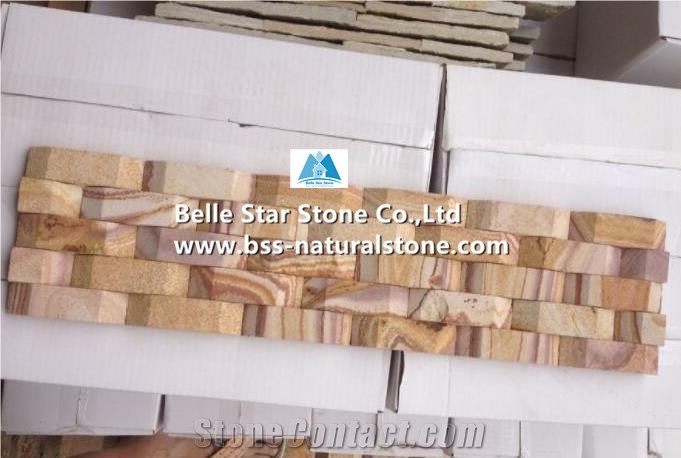 Yellow Wooden Sandstone 3d Culture Stacked Ledge Stone Cladding Panels