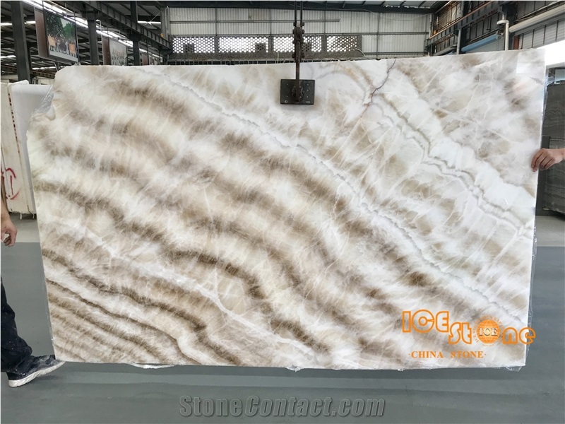 China Beige Onyx Bookmatch Transparency Wood Vein Crystal Slabs Tiles