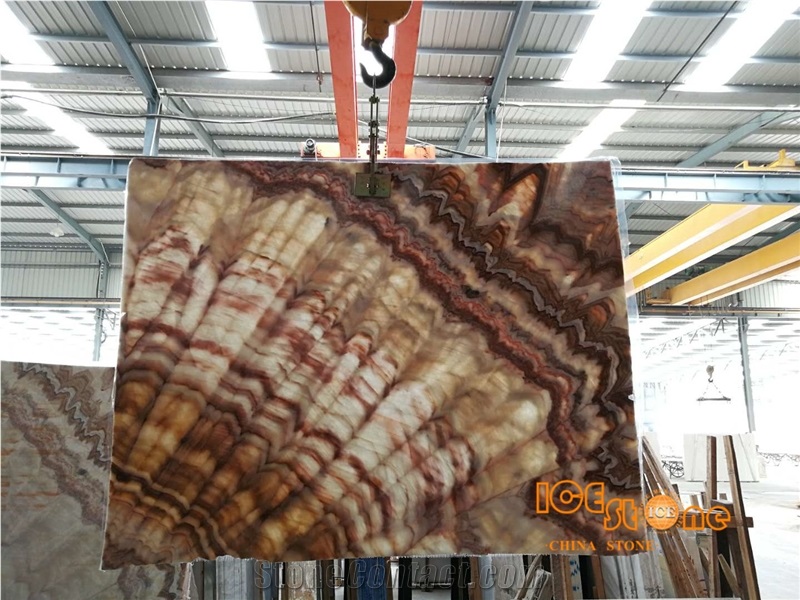 China Color Onyx Bookmatch Rainbow Beige Slab Tiles Walling Polished