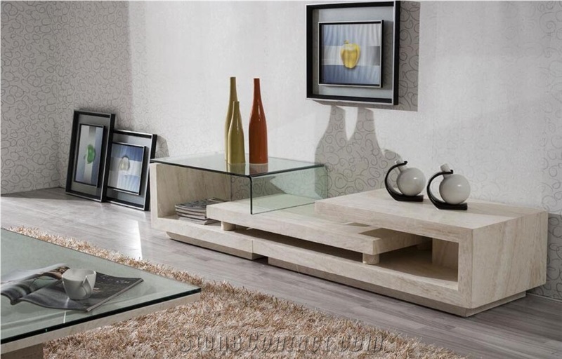 Classic Beige Limestone Round Tv Table Stone Furniture for Interior Living Room Design