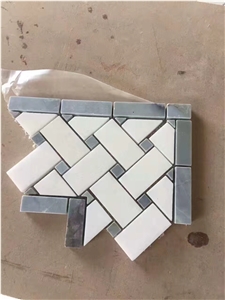 Pure White Marble Mix Blue Savoy Basketweave Mosaic Panel Bathroom Wall Tile