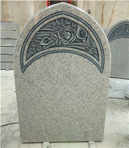 G633 Grey Granite Carving Flower Upright Headstone Monument