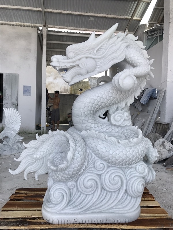 Dragon Statue White Hand Carved Disc Dragon Play Bead Sculpture