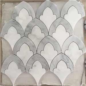Popular White with Grey Marble Stone Mosaic Flower Design Pattern Tile