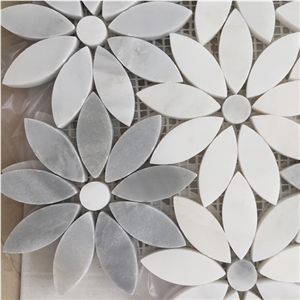 White and Grey Marble Sunflower Shape Kitchen and Bathroom Mosaic Tile