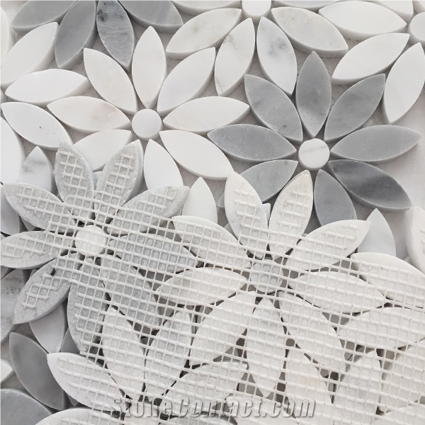 White and Grey Marble Sunflower Shape Kitchen and Bathroom Mosaic Tile