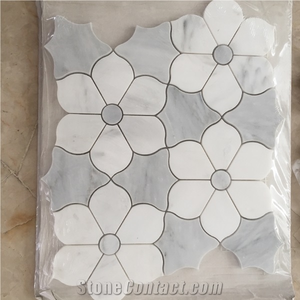 White with Grey Marble Stone Flower Design Floor Mosaic Tiles