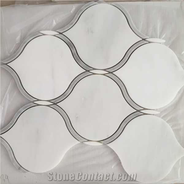 White with Grey Marble Stone Flower Design Floor Mosaic Tiles