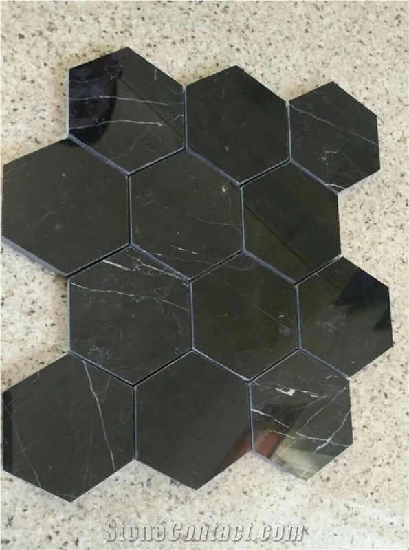 Black Nero Marquina Hexagon Mosaic Tiles