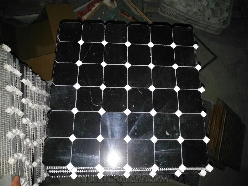 Black/White Marble Square Mosaic Tiles with White/Black Dot