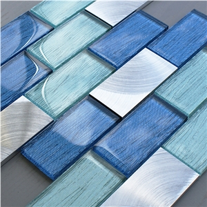 Blue Glass/Metal Brick Mosaic Wall Tile for Kitchen/Bathroom