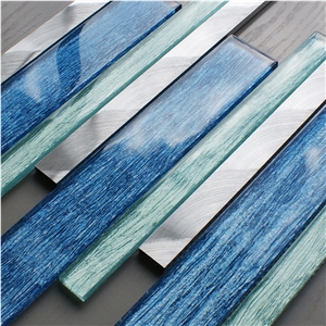 Blue Glass/Metal Linear Strips Mosaic Wall Tile for Kitchen/Bathroom