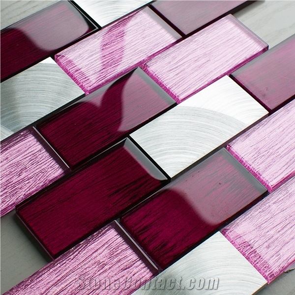 Pink Glass/Metal Brick Mosaic Wall Tile for Kitchen/Bathroom