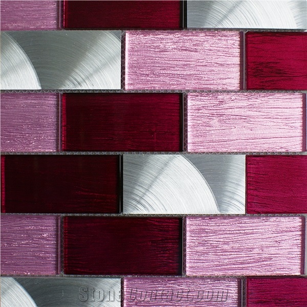 Pink Glass/Metal Brick Mosaic Wall Tile for Kitchen/Bathroom