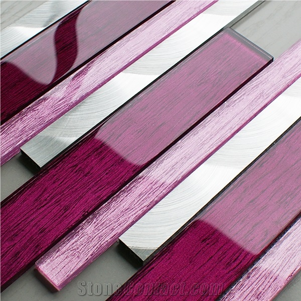 Pink Glass/Metal Linear Strips Mosaic Wall Tile for Kitchen/Bathroom