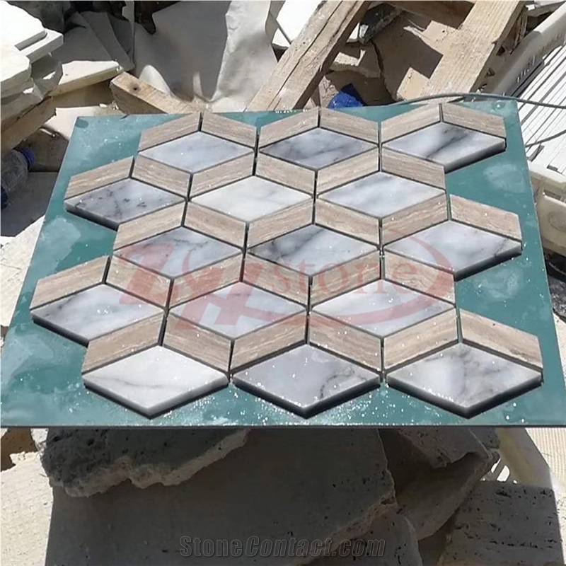 Cream Travertine&White Marble Rhombus Mosaic