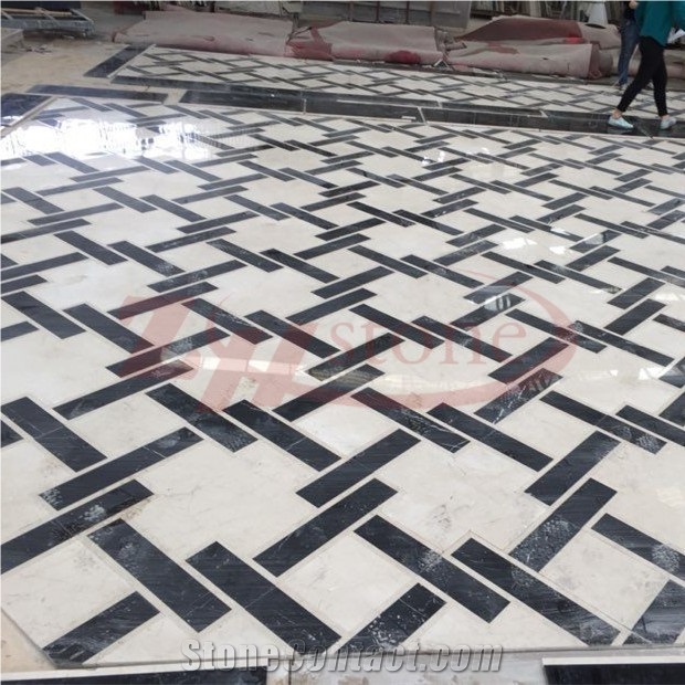 Han White Jade&Black Marquina Marble Waterjet Square Medalions