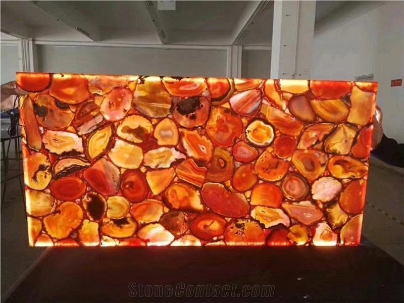 Laminated Panel Red Semiprecious Slabs with Glass for Hotel Wine Bar
