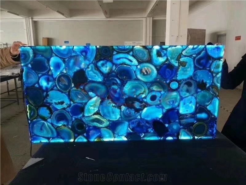 Laminated Panels Blue Semiprecious Slabs with Glass for Vanity Top