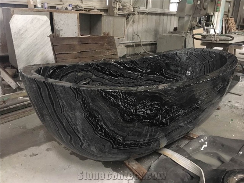 Polished Ancient Wood Marble Bath Tub Black Marble Bathtub