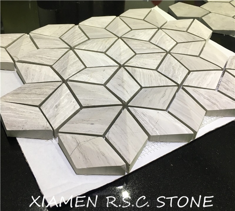 White Wood Vein/Grain Marble Hexagon Stereoscopic Mosaic