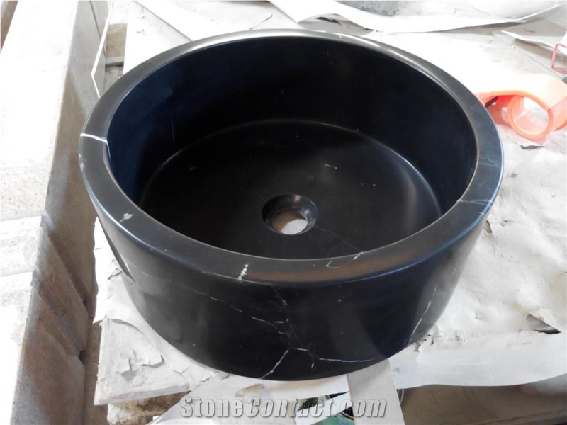 Custom Made Marble Sink Black Marquina Honed Round Sinks for Bathroom
