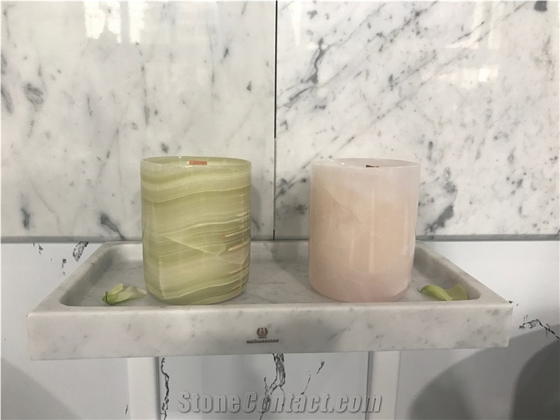 Green and Pink Onyx Candle Holder Polished Surface for Home Decoration