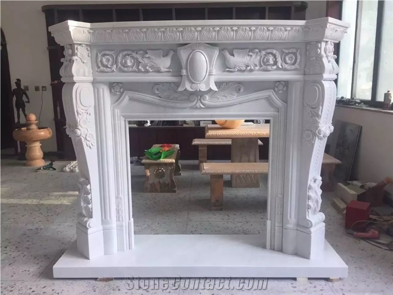 Handcarved Modern Fireplace,Sculptured White Marble Fireplace Mantel