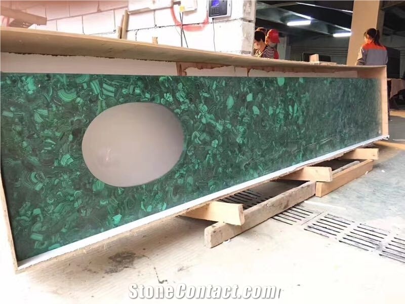 Natural Semiprecious Gemstone Green Malachite Bar Top