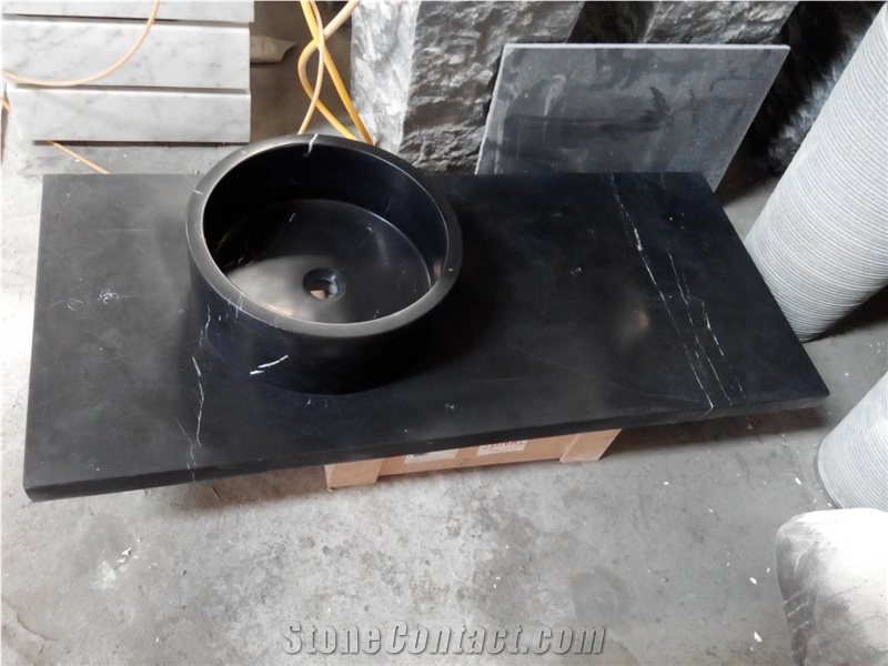 Solid Black Stone Sinks Honed Nero Marquina Round Sinks for Bathroom