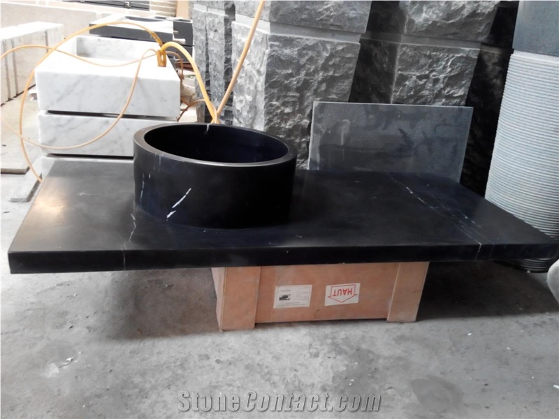 Solid Black Stone Sinks Honed Nero Marquina Round Sinks for Bathroom