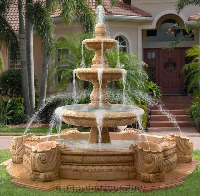 Stone Carving 3 Tiers Yellow Limestone, Large Outdoor Stone Water Fountains