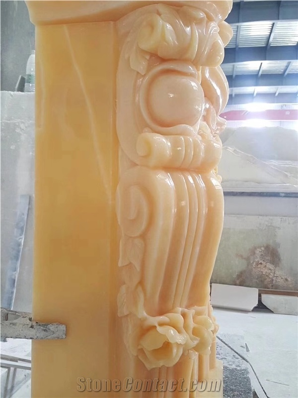 Yellow Onyx Polished and Carved Fireplace Design for Interior Decor