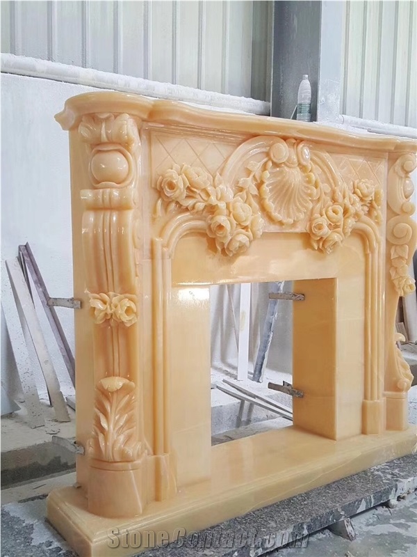 Yellow Onyx Polished and Carved Fireplace Design for Interior Decor
