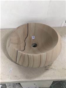 China Yellow Wooden Sandstone Vessel Bowl Round Oval Sinks Basins Bath, Beige Sandstone Oval Sinks