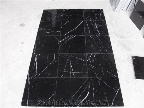 China Nero Marquina Black Marble Polished Tiles for Floor Decoration