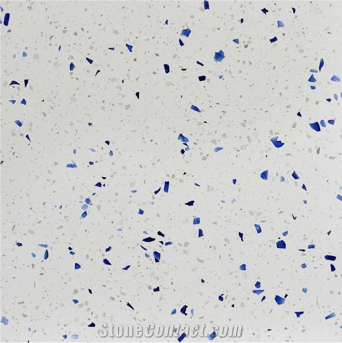 White Terrazzo Tiles with Blue Particles, Artificial Stone, Tt001m