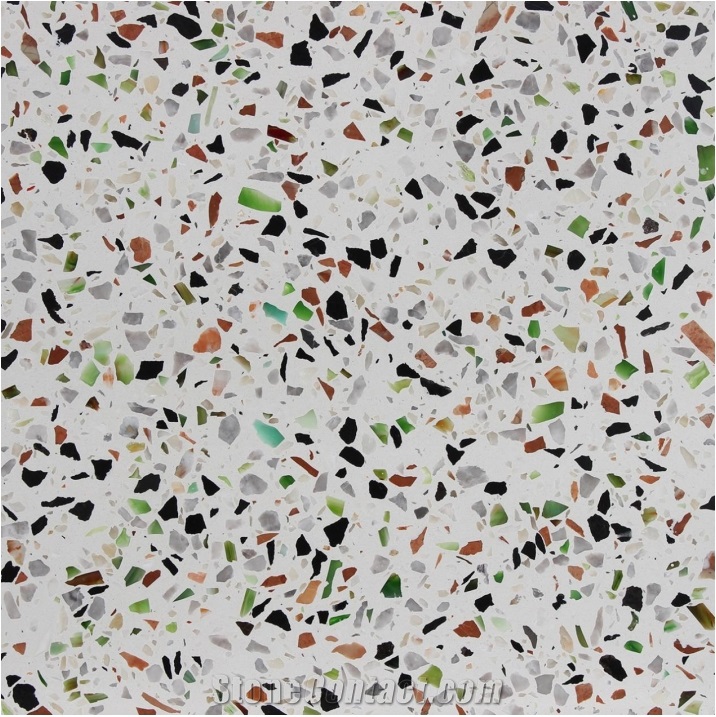 White Terrazzo Tiles with Glass Particles, Artificial Stone, Tt004m