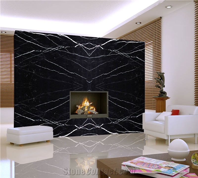 China Nero Marquina Black Marble Polished Slabs and Tiles
