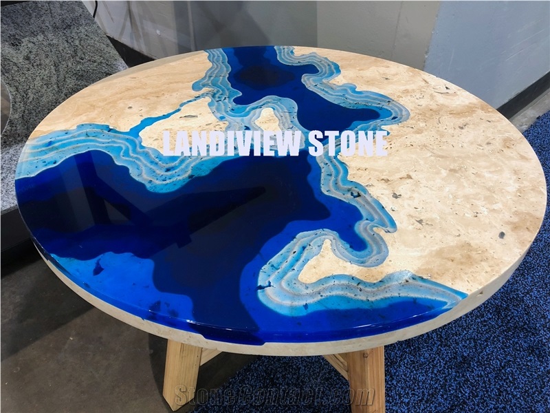 Lagoon Table from Travertine and Resin, Lagoon Coffee Table