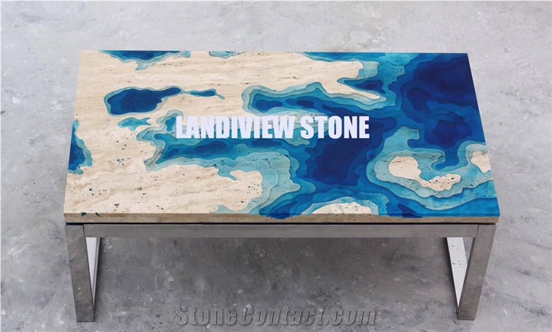 Lagoon Table from Travertine and Resin, Lagoon Coffee Table