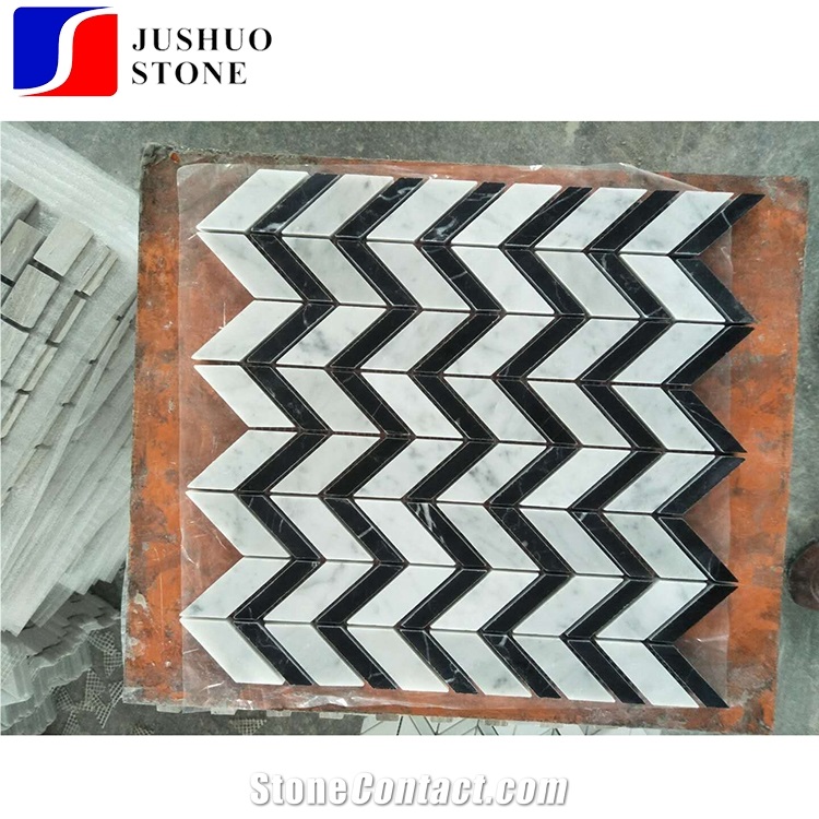 Mixed Color White Carrara+Wooden Veins/Black Marquina Marble Mosaics