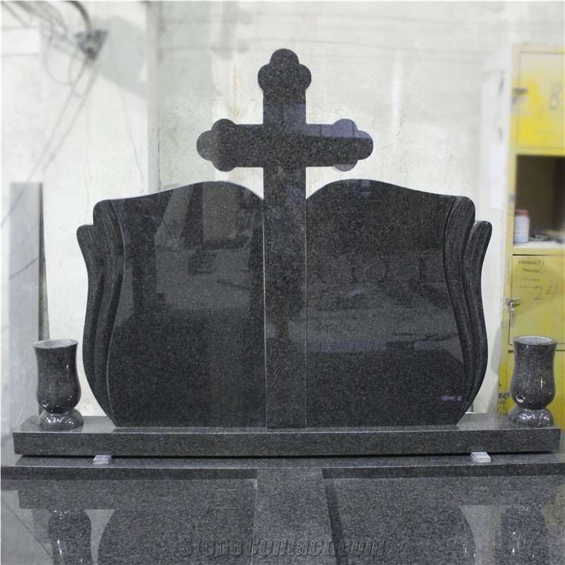 Impala Granite Double Gravestone Cross Headstone Set