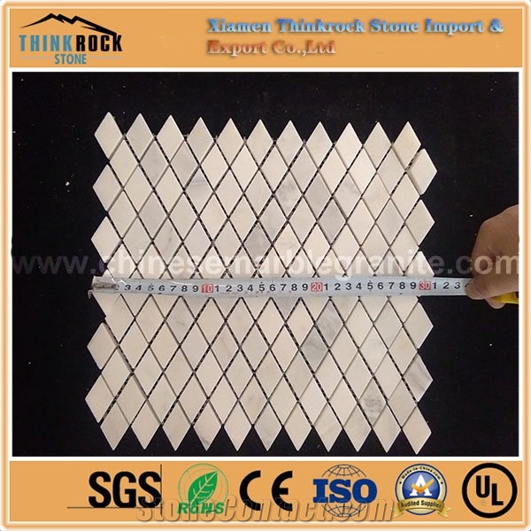 9mm Thick Rhombus Chips Honed Cloud White Marble Mosaic Floor Tiles