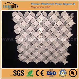 Four Corner Flowers Polished White and Grey Mix Marble Mosaic Tiles